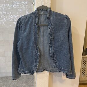 Classic Blue Denim Jacket with Ruffle Trim
